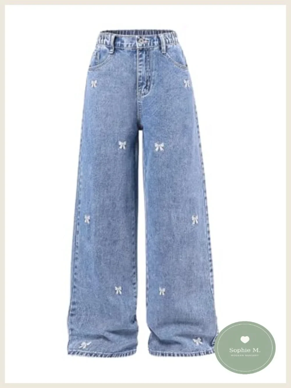 Girls Bow Embroidered Baggy Jeans Elastic Wide Leg Denim Pants Y2K High Rise